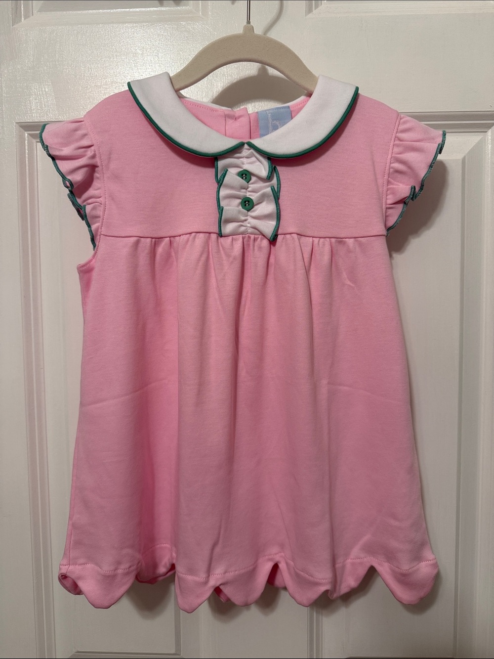 Bella Bliss Pink Knit Top with White Peter Pan Collar and Green Trim